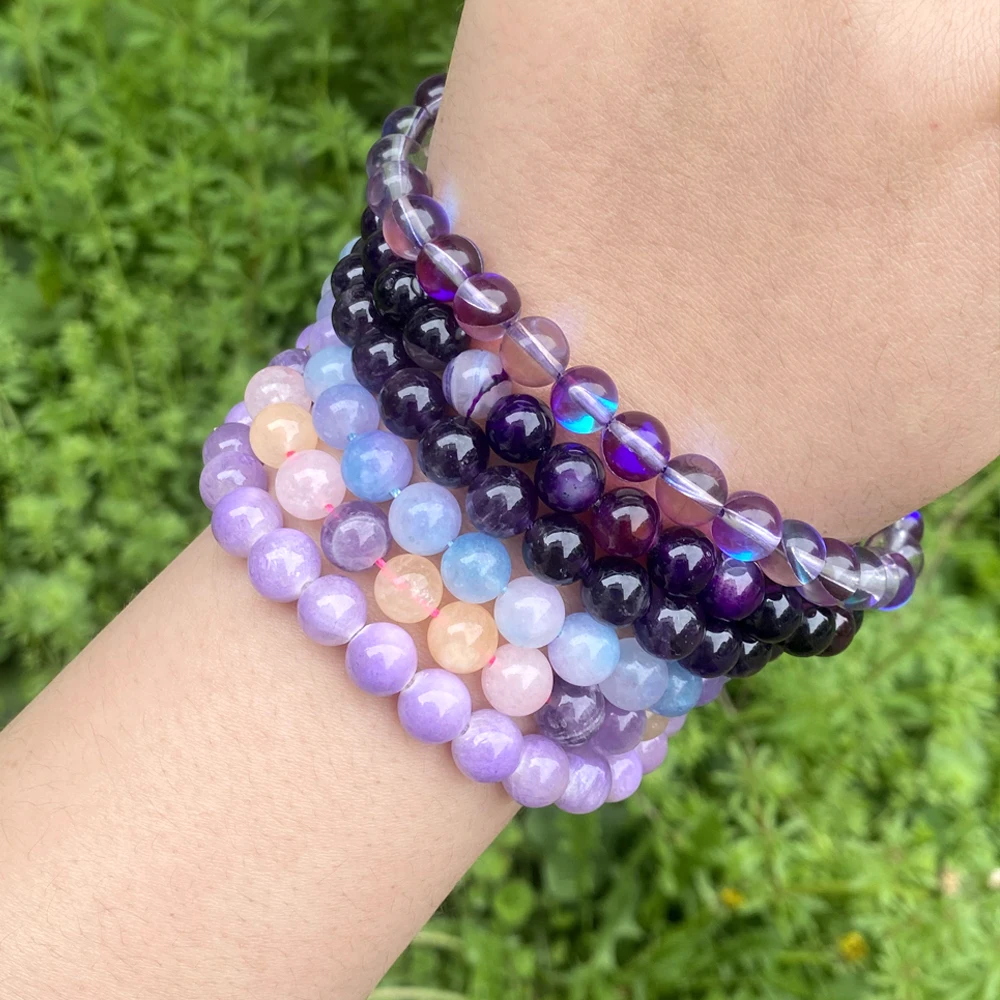 4-10mm Purple Series Natural Stone Agates Tourmaline Quartz Jades Jasper Round Loose Beads for Jewelry Making DIY Bracelets 15”