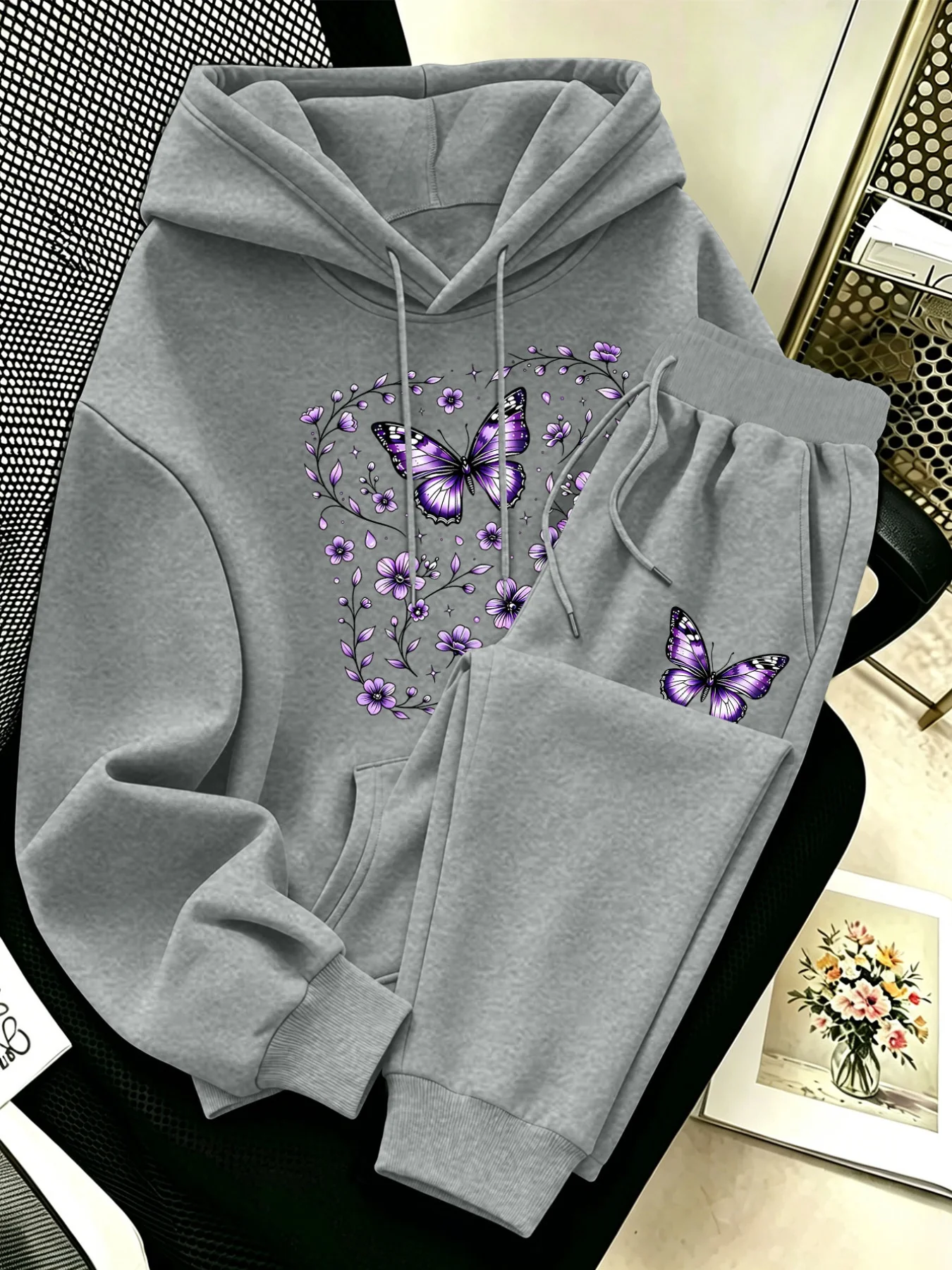 Women 2‑piece hoodie sweatpants set, dreamy purple butterfly flower print, soft fabric, product shot, white background view 2
