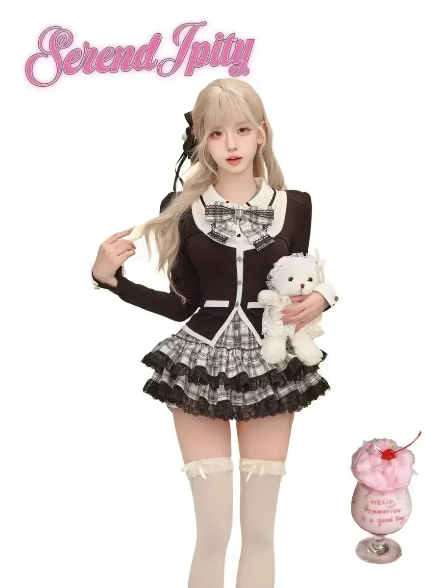 

Korean College Y2k Vintage Style 2 Piece Set Women Sweet Bow Knitted Cardigan Ruffles Plaid Mini Skirt Fashion Lolita Outfits