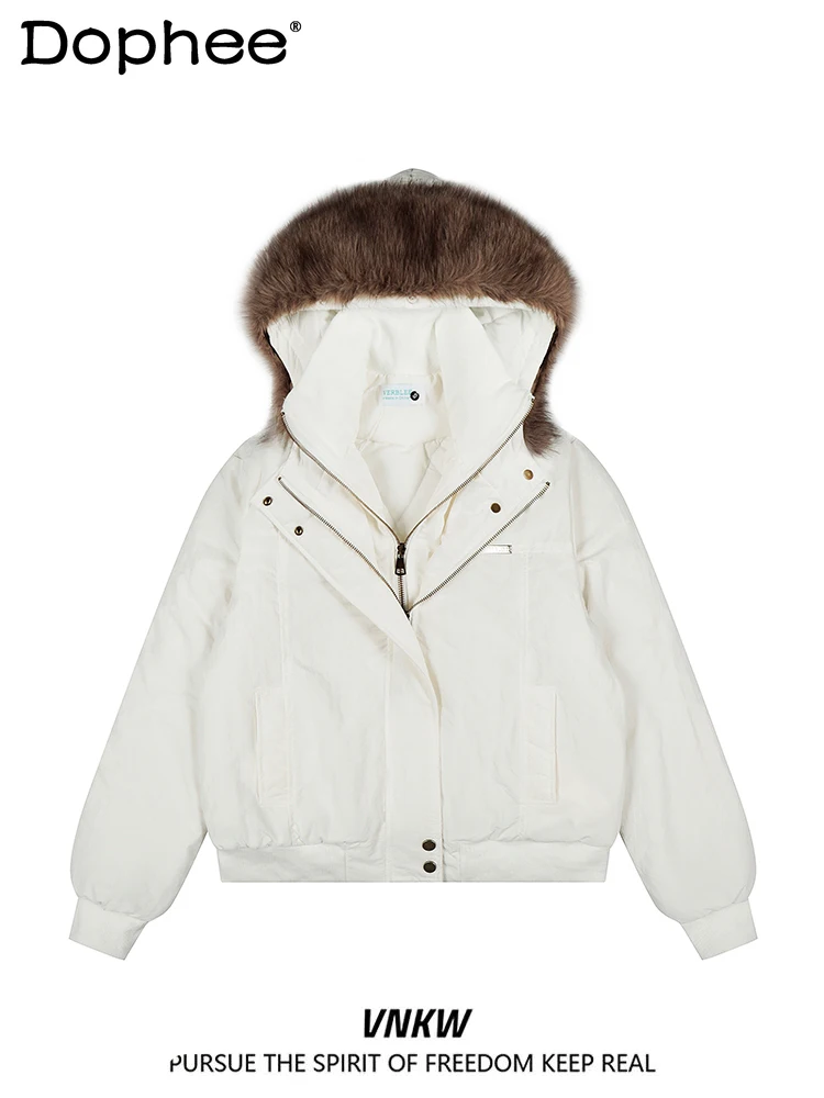 

American Retro Fashion Trend Fur Collar Hooded Cotton Jacket Unisex Loose Casual Thickened Warm Versatile Zipper Coat