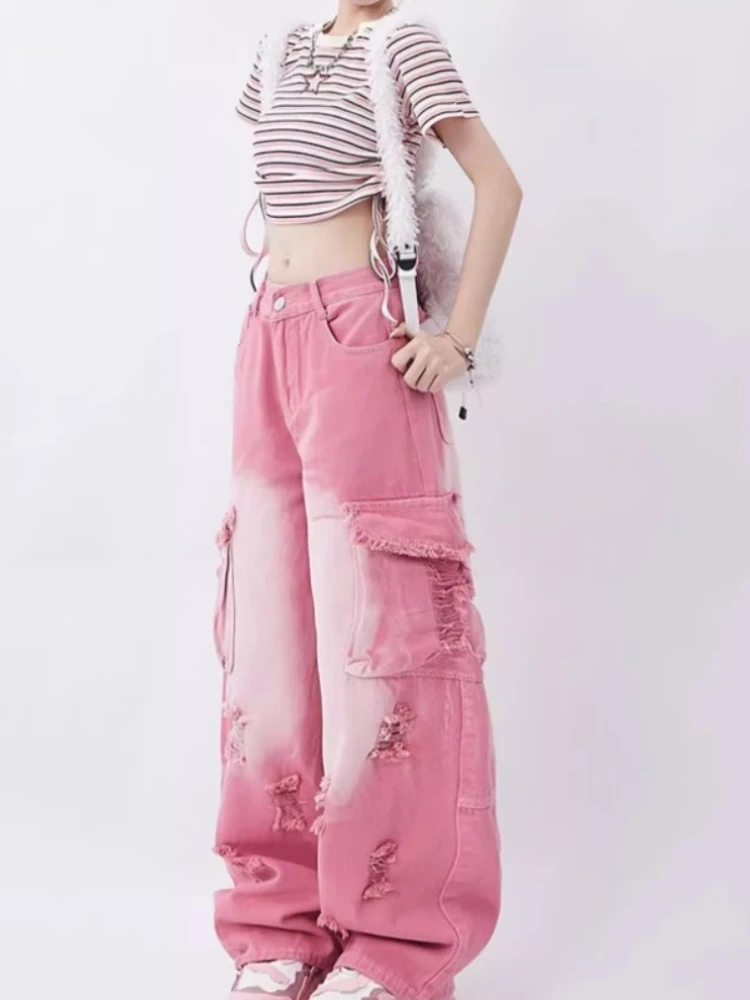 Jeans Women Pink Frayed Hole Japanese Style Contrast Color Vintage Denim Trousers All-match High Street Summer Fashion Popular