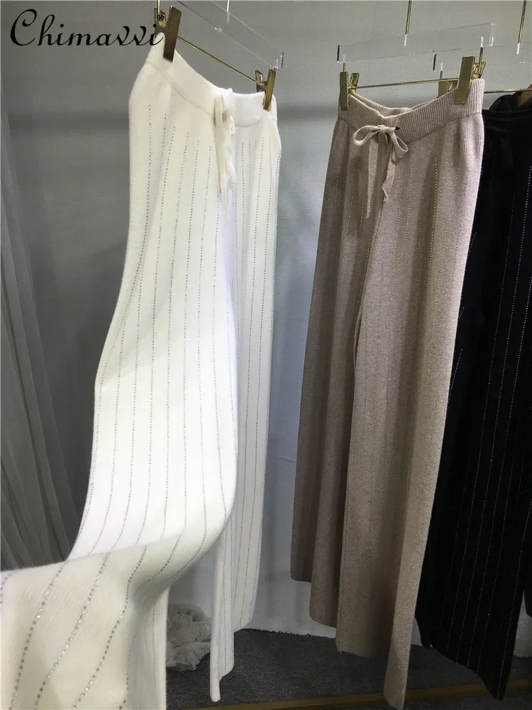 European Hot Diamond Pants Thickened Knitted Wool Pants Autumn and Winter New Fashion Soft Waxy White Long Straight-leg Pants