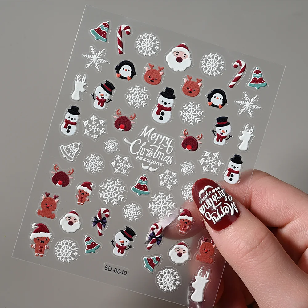 1 ชิ้นคริสต์มาส 5D นูนสติกเกอร์เล็บน่ารัก Snowman Snowflakes Elk กาวรูปลอกสําหรับคริสต์มาสฤดูหนาว DIY เล็บอุปกรณ์