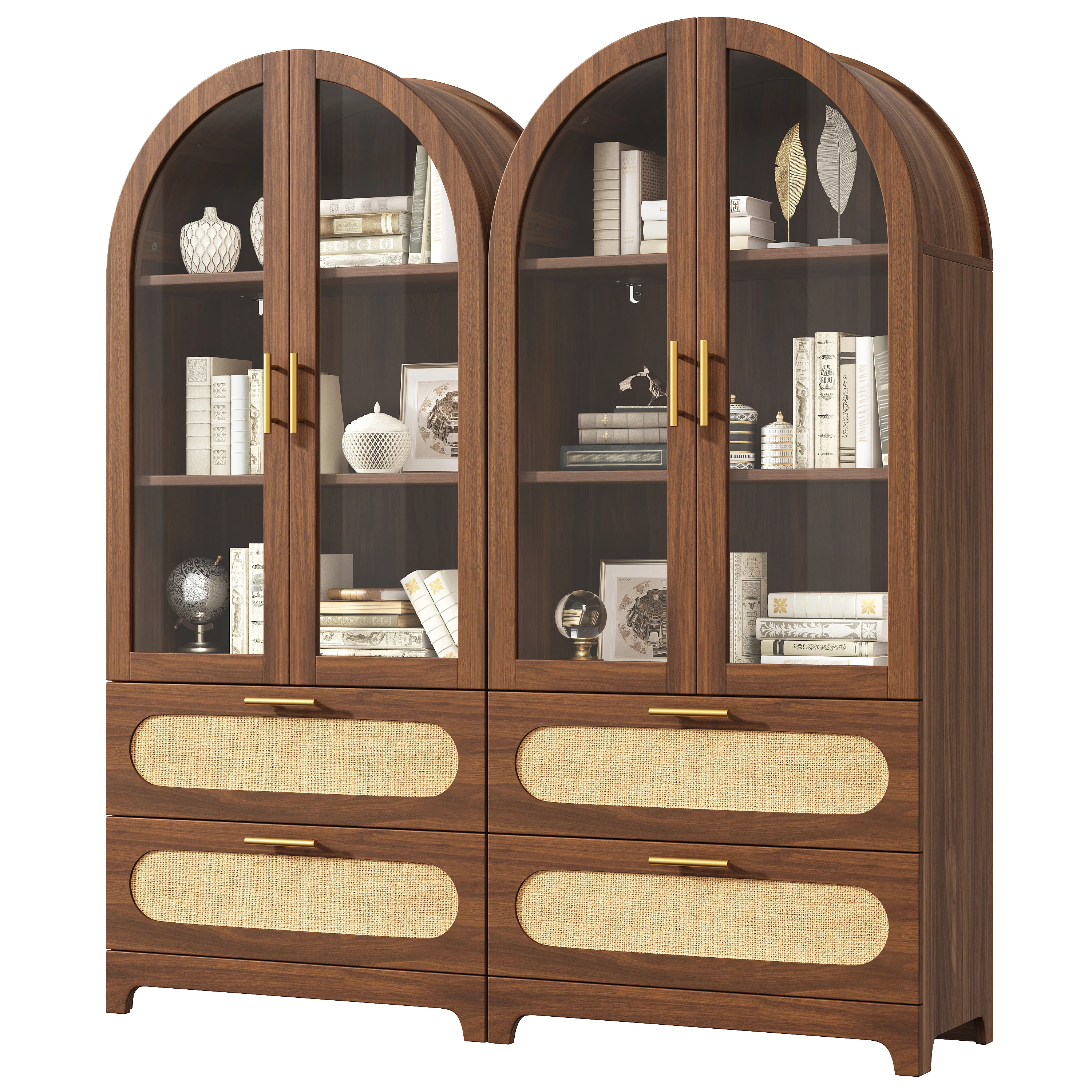Vitrine d'exposition en forme d'arche 175x80cm avec 2 tiroirs, bibliothèque rétro de style mid-century avec étagères réglables, vitrine en noyer