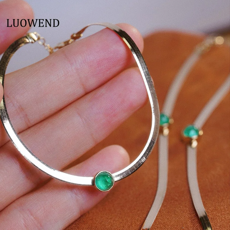 LUOWEND 100% 18K Yellow Gold Bracelet Snake Chain Fashion INS Style Real Natural Emerald Bracelet for Women Christmas Gift