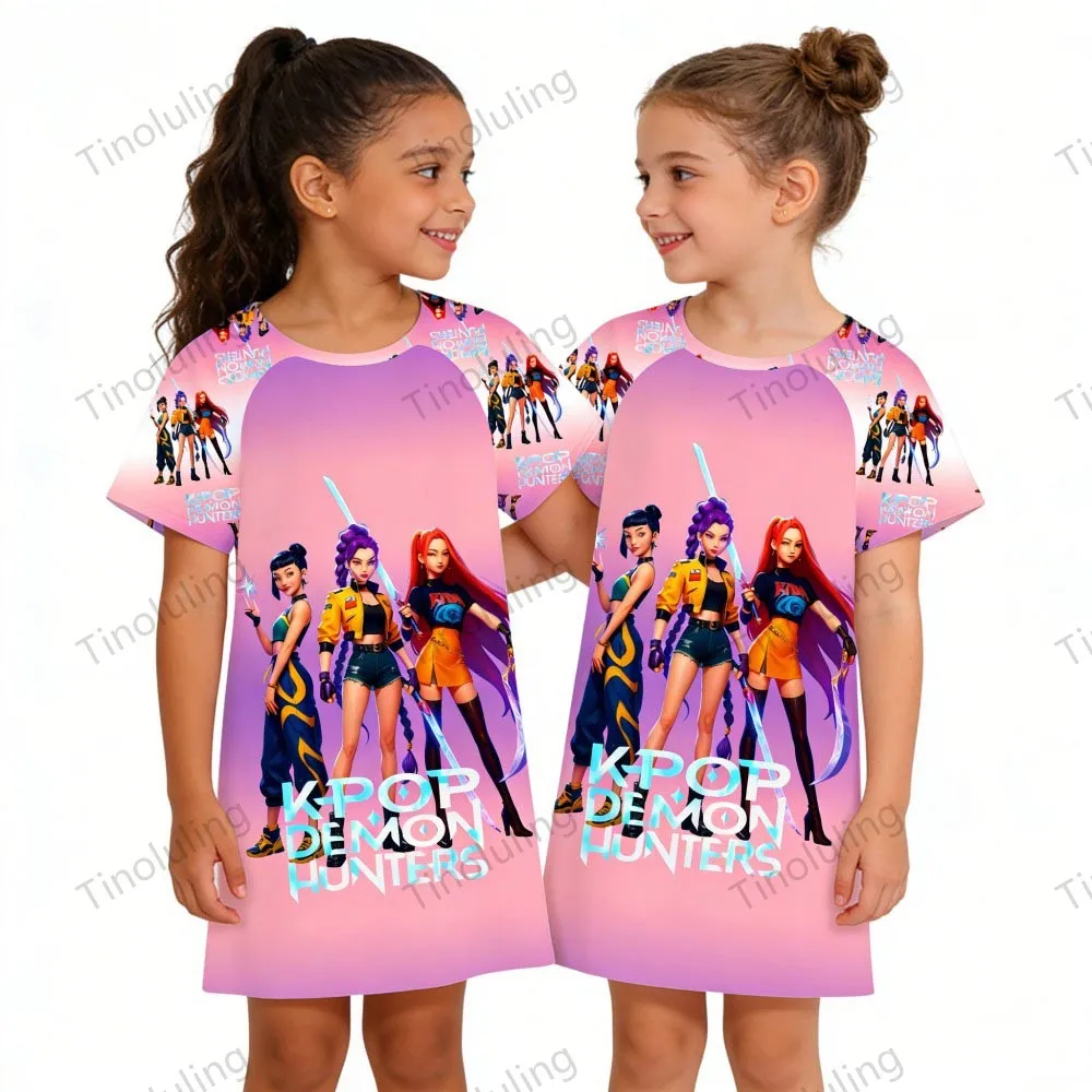 

Ночная рубашка K-Pop Demon Hunters для девочек, ночная рубашка с короткими рукавами и мультяшным принтом, летняя повседневная ночная рубашка для детей, ночные платья