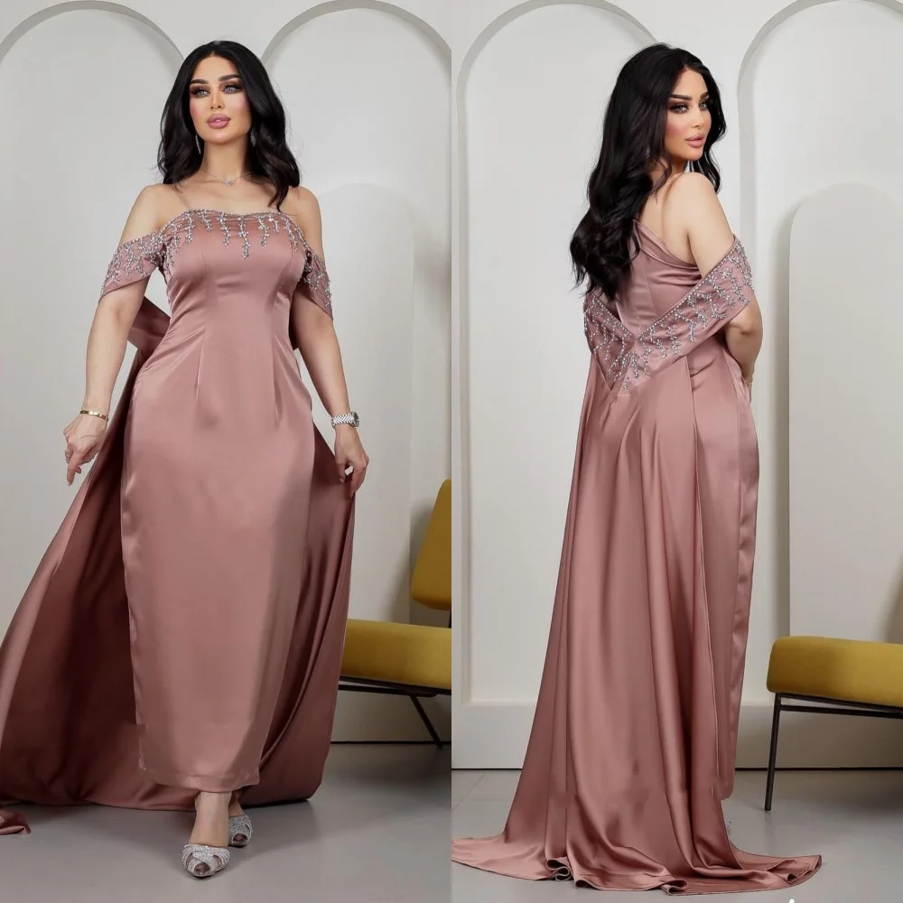 Gaun pesta koktail manik-manik Satin, baju acara Off-the-shoulder Bespoke, Gaun Midi