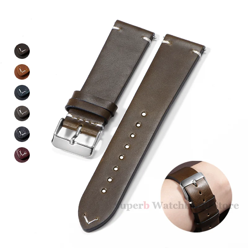 

18mm 19mm 20mm 21mm 22mm 24mm Quick Release Vintage Leather Watchband Soft Oil Wax Bracelet for Seiko Stitching Cowhide Strap