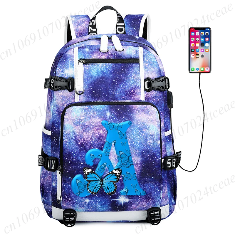 26 English Letters Butterfly Design  Girls Backpack School Bags Student Teens Laptop Backpack Blue Butterfly Bookbag Mochila