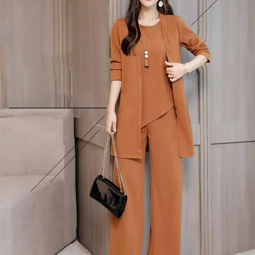 Elegant Lady Three Piece Set Age Reducing Plus Size Set For Women Vest Top Wide Leg Pants Mid-length Coat Solid Matching Set