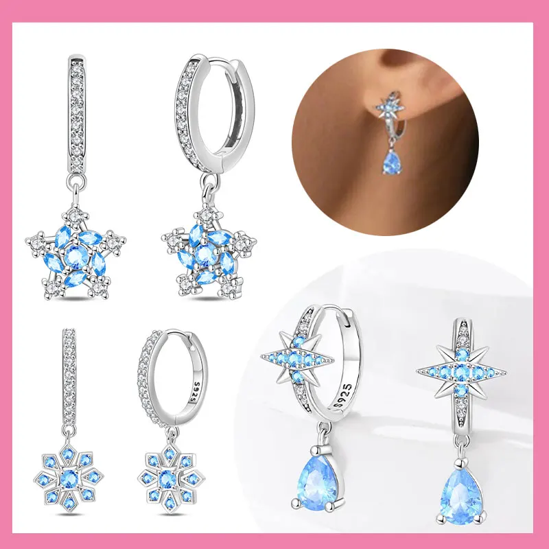 

Серьги-кольца из стерлингового серебра 925 пробы с синим ледяным цветком и каплями воды, восьмиугольные серьги-кольца со звездой, ювелирные изделия на годовщину свадьбы, подарок для женщин