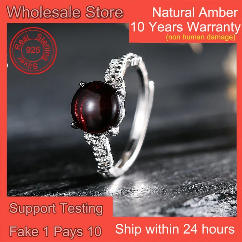 Women's S925 Sterling Silver Ring 8mm Natural Cherry Amber Adjustable Open Bands Handmade Boho Jewelry