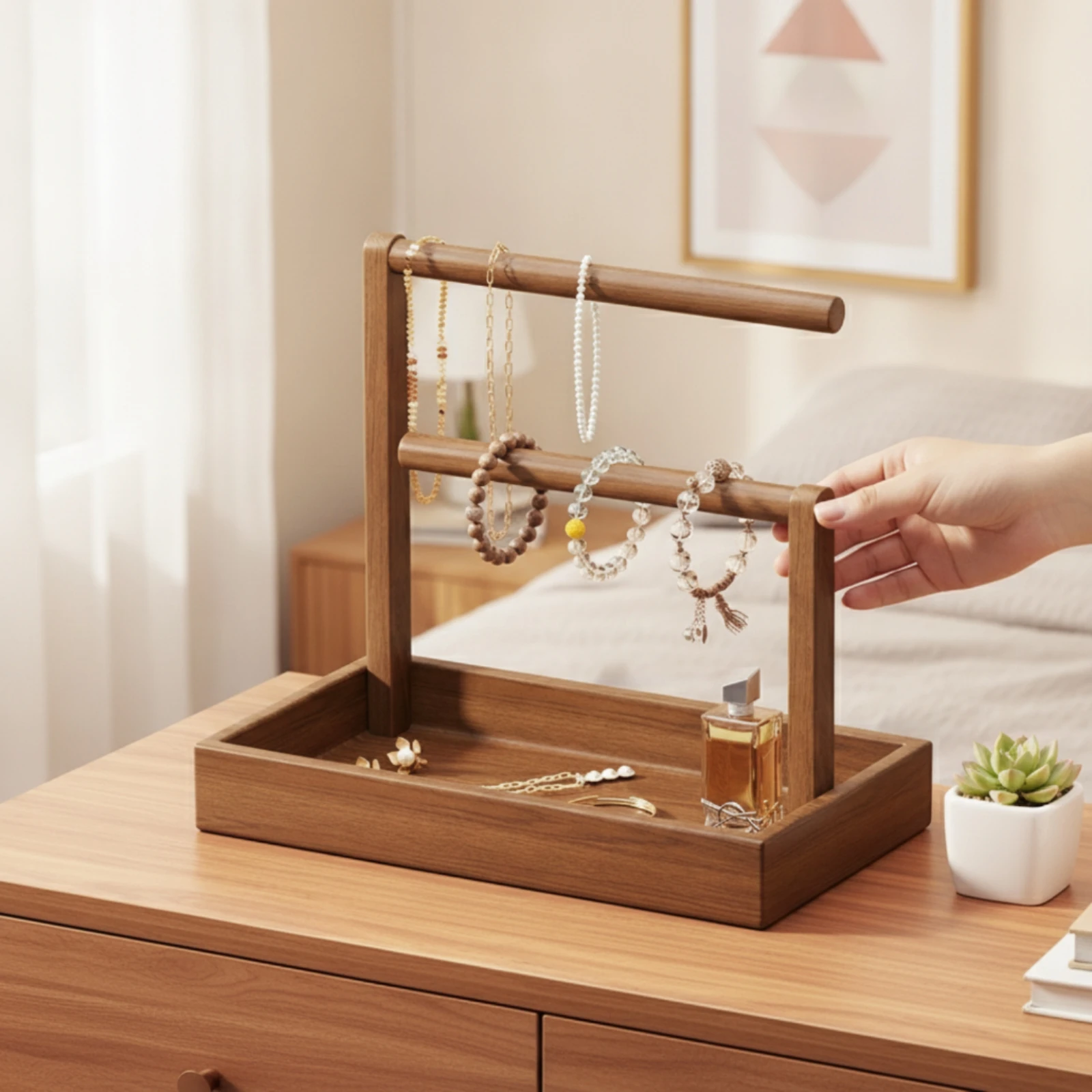 Jewelry Organizer Stand Space-Saving Jewelry Stand with Tray Bracelet Display Gold Metal Staggered Height for Dresser, Vanity
