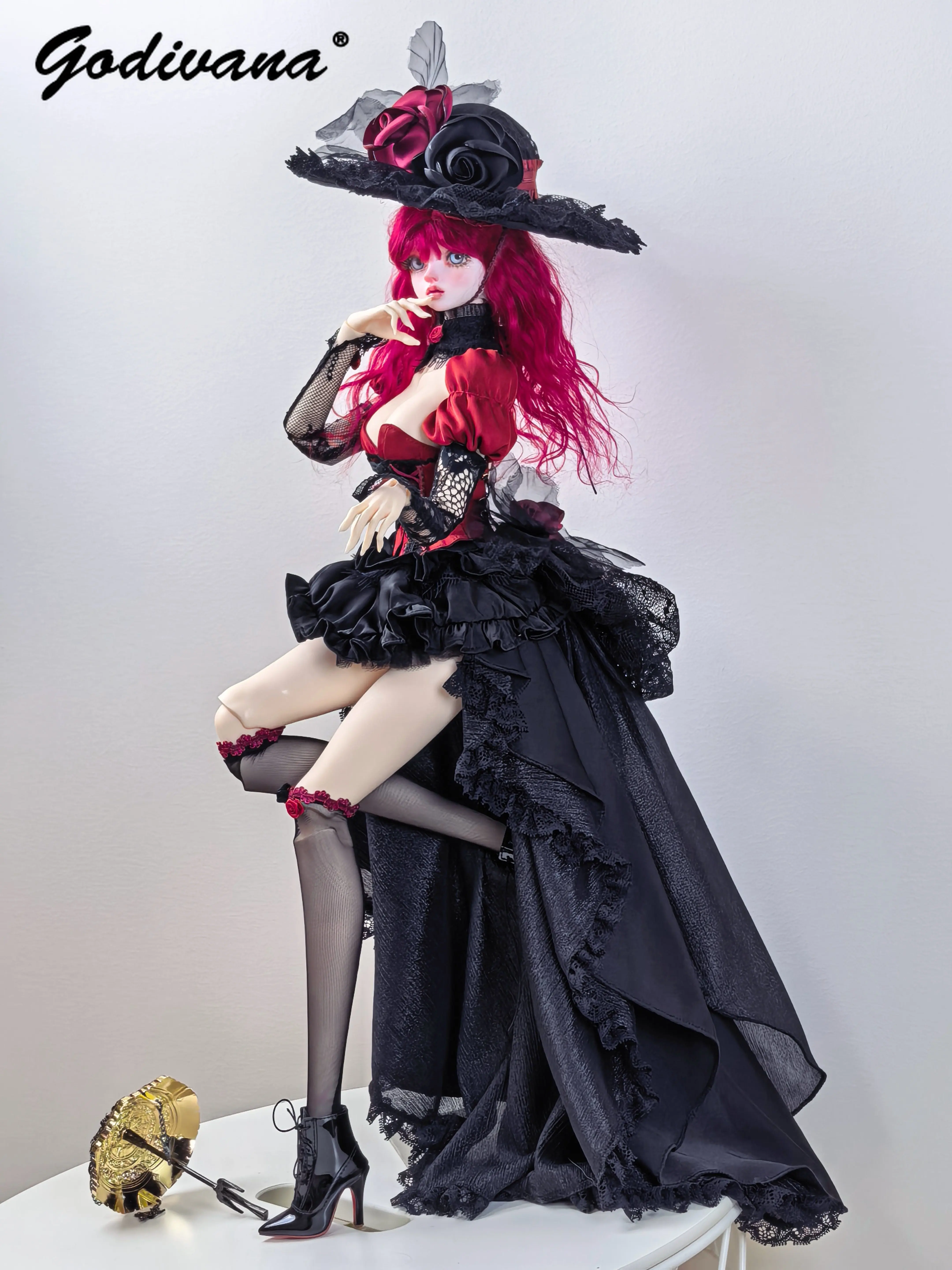 BJD 1/4 Doll Outfit Retro Lolita Short Skirt Red‑White Corset Dress with Long Back Train Big Brim Hat Lace Arm Cuffs Gown Set