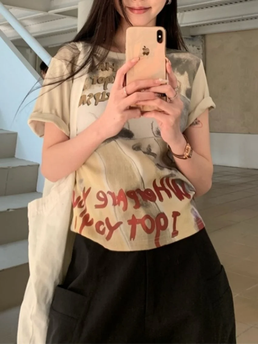 Alien Kitty 2025 달콤한 만화 티셔츠 여성 빈티지 느슨한 새 여름 짧은 소매 세련된 하이 스트리트 캐주얼 모든 경기 티셔츠