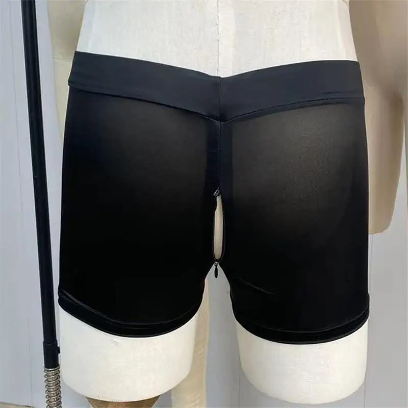 Culotte noire transparente à entrejambe ouvert pour homme, fermeture éclair invisible, culotte de couchage décontractée, sous-vêtement