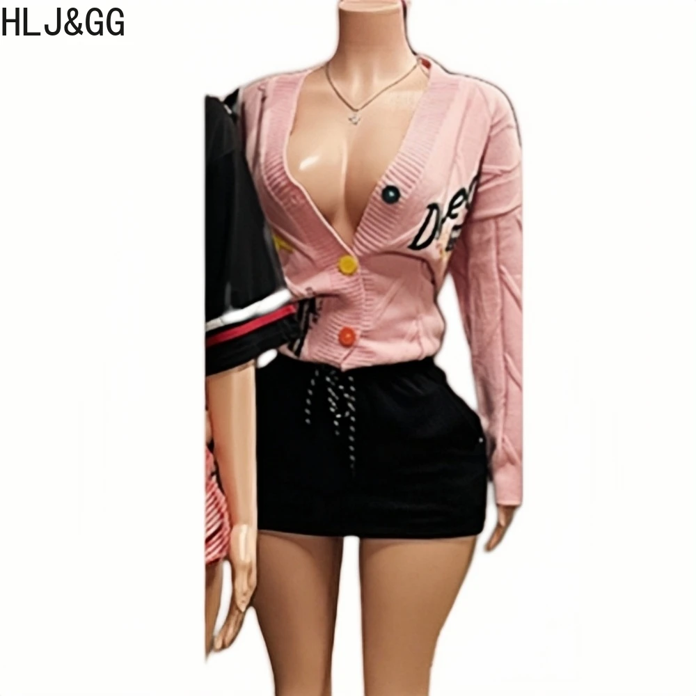 HLJ&GG American Vintage Letter Print Two Piece Sets Women Zip Long Sleeve Slim Top + Mini Skirts Outfits Fashion 2pcs Streetwear