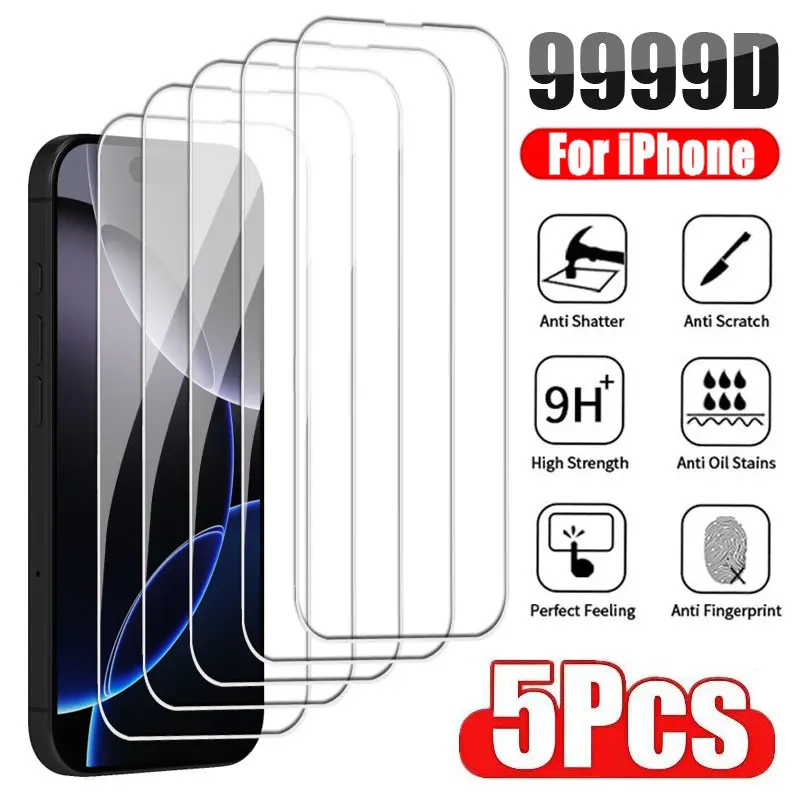 5 шт. 9999D противоударное закаленное стекло для Apple iPhone 16 15 14 Plus 13 12 11 Pro X XR XS Max Защитная пленка для экрана