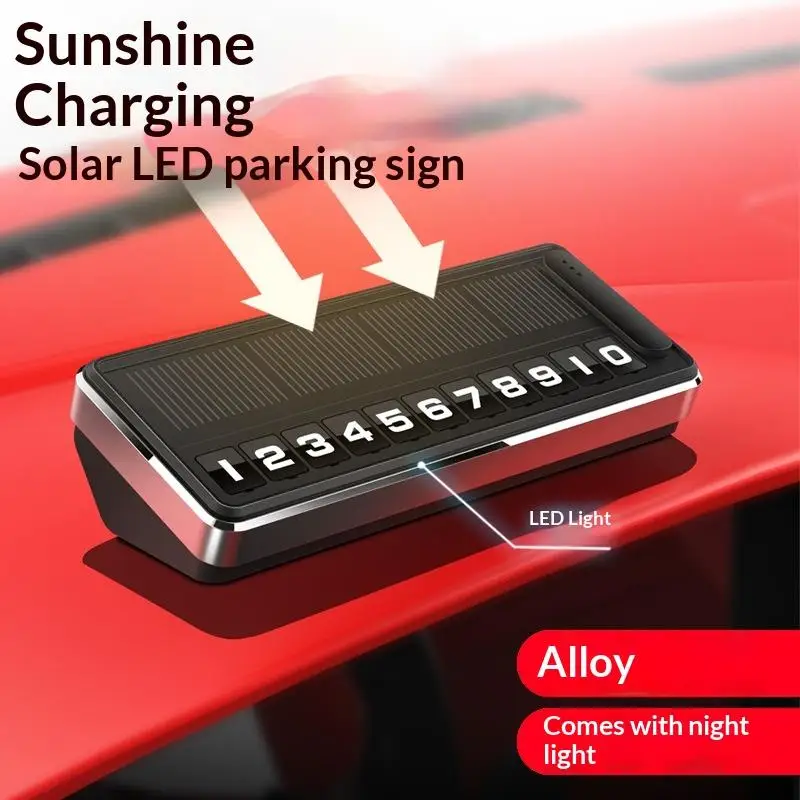 

1Pc Solar Car Phone Number Plate Led Lighting Temporary Parking Card Hidden Plates Car Park Stop Multiple Number Parking Gadgets