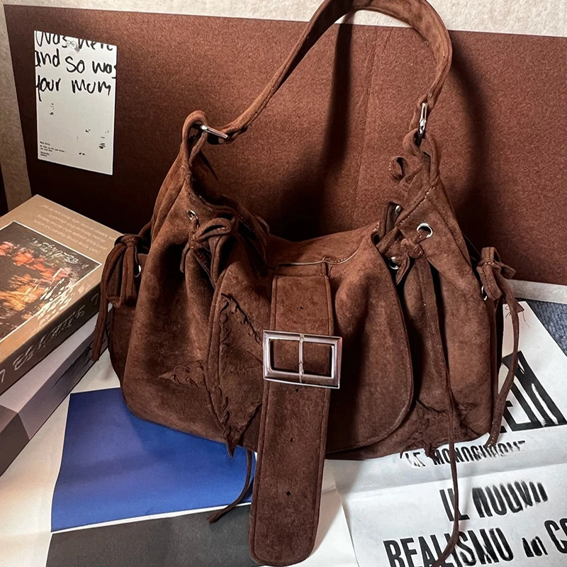 

Vintage Brown Suede Handbag Y2k Motorcycle Bag For Women With Worn-out Design Belt Buckle Shoulder Bag Drawstring Underarm Bag