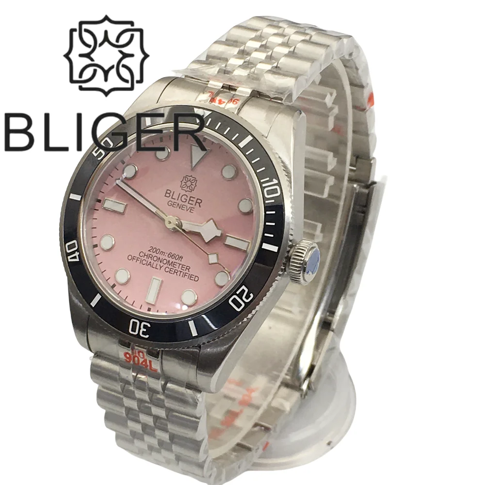 BLIGER 39mm Dive Watch NH35 Automatic Mechanical Pink Dial apphire Ceramic Insert Rotating Luminous Waterproof Fashion Watch