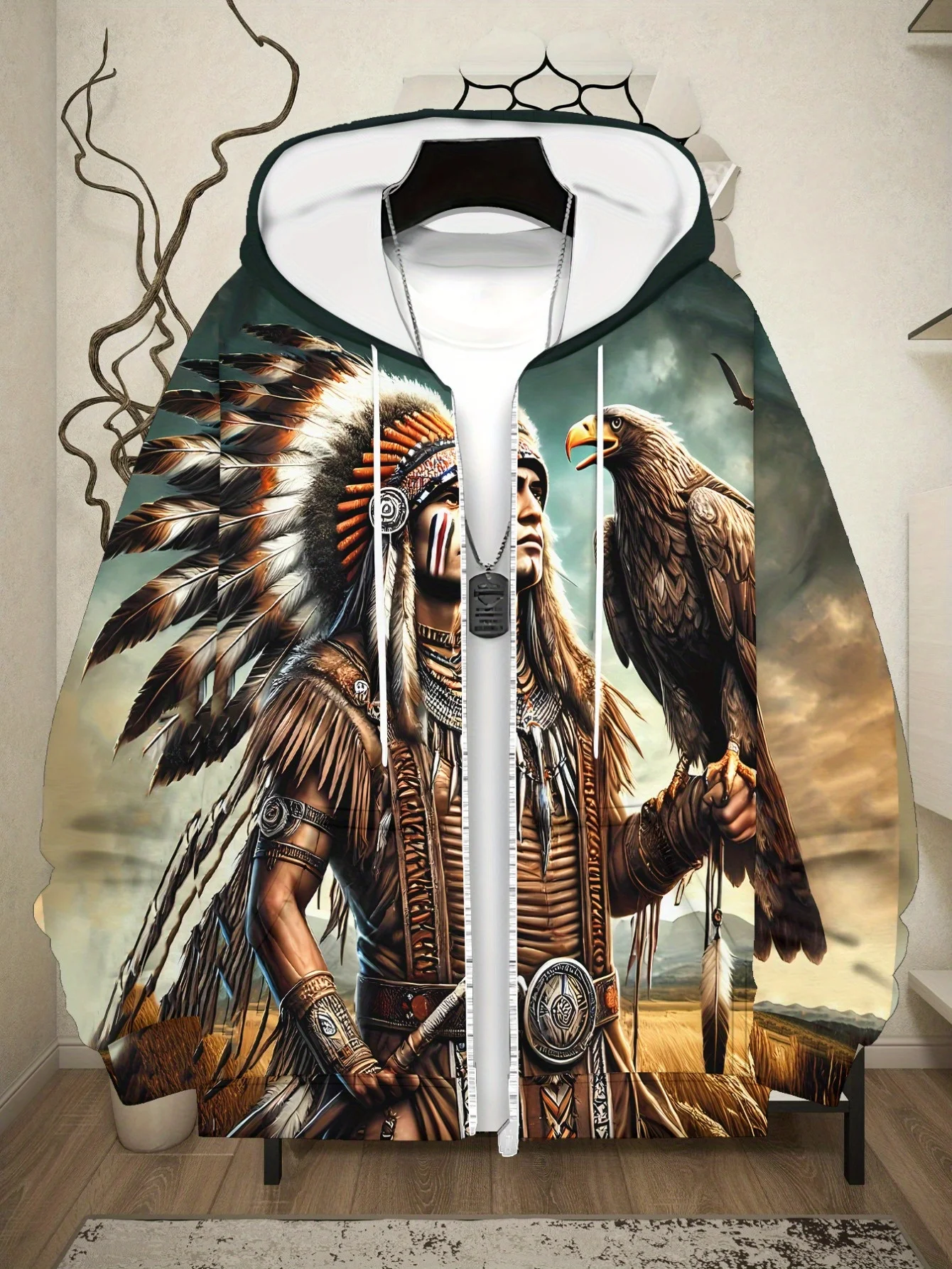 Толстовка на молнии для мужчин. Толстовка с дизайном Native Warrior для одежды в гостиной, Яркий многоцветный принт, Легкий удобный крой,