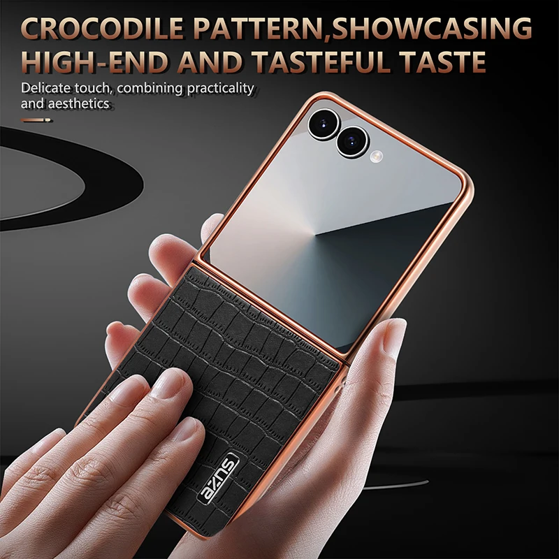 เคสหนังลายจระเข้ 3 มิติ หรูหรา AZNS สำหรับ Galaxy Z Flip 7 Flip 6 Flip 5 Flip 4 Flip 7 FE พร้อมขอบกันกระแทกชุบ