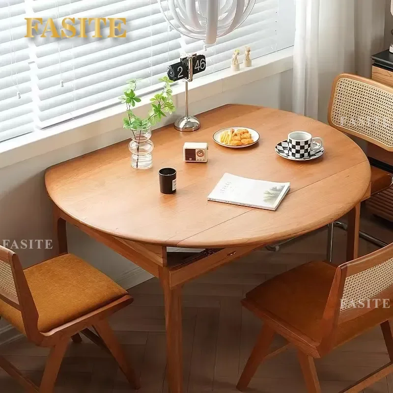 For Nordic Cherry Wood Solid Wood Extendable Dining Table Folding Telescopic Round Square Table for Small Apartment Household