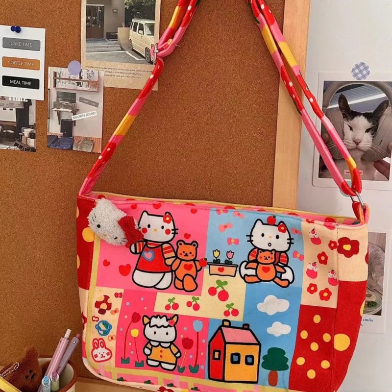 Miniso Hellokitty Canvas Crossbody Bag Cute Cartoon KT Print Shoulder Bag Zipper Japanese Bag College Student Red Bag Girl Gifts