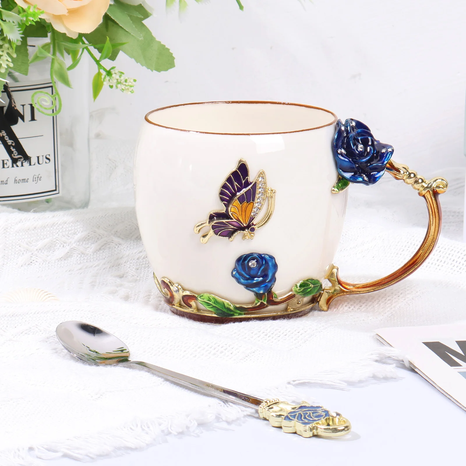 3/1pc Ceramic Cup 3D Flower Pattern Coffee Mug Elegant Water Cup with Spoon for Mom Grandma Teacher Gift Daily Tea Cup Milk Mug