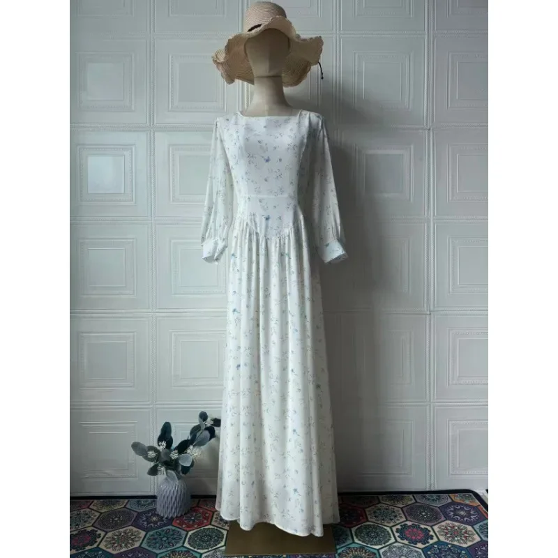 2025 New Floral Fairy Waist Square Neck Lace-up Long Dress Robe S9219