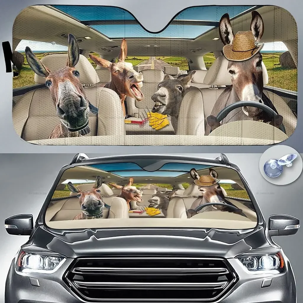 Funny Donkey Family Driving in Summer Farm Animal Lover Car Sunshade Windshield Window, Gift for Donkey Lover, Car Windshield Au