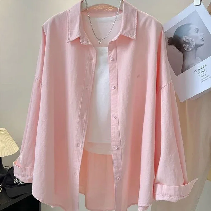 

Pink Temperament Long Sleeved Shirt for Women's 2025 Spring Autumn New Korean Embroidered Letter Loose Slimming Top ZT427