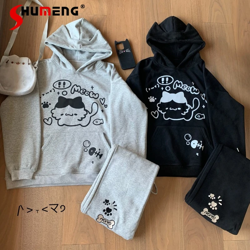 Japanese Cute Sweet Cartoon Hoodies Cat Ears Hooded Two-color Velvet Long-sleeved Sweatshirt Oversized Kawaii Sudaderas De Mujer