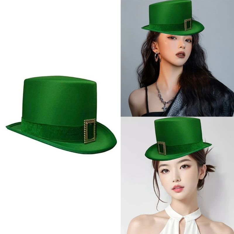 Green Irish Saint Patricks Day Hat Adult Unisex National Day Carnival Flat Top Hat Halloween Christmas Party Dress up Costume