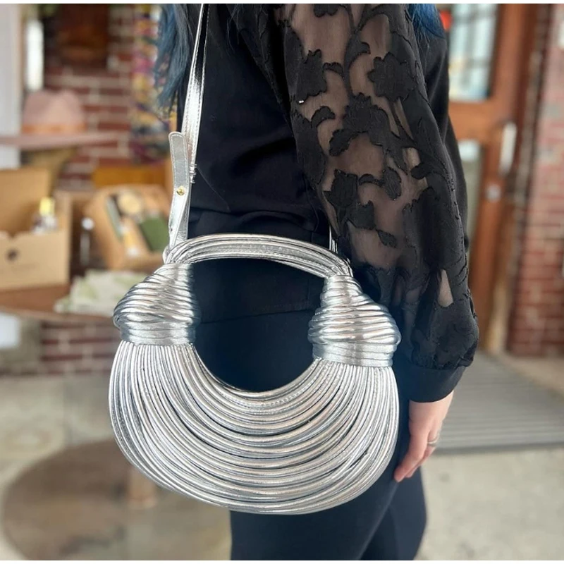 Gold Hobo Handbag Rope Knotted Pulled Clutch Women Luxury Designer Brand Handwoven Noodle Bags Evening Clutch Crossbody Bag