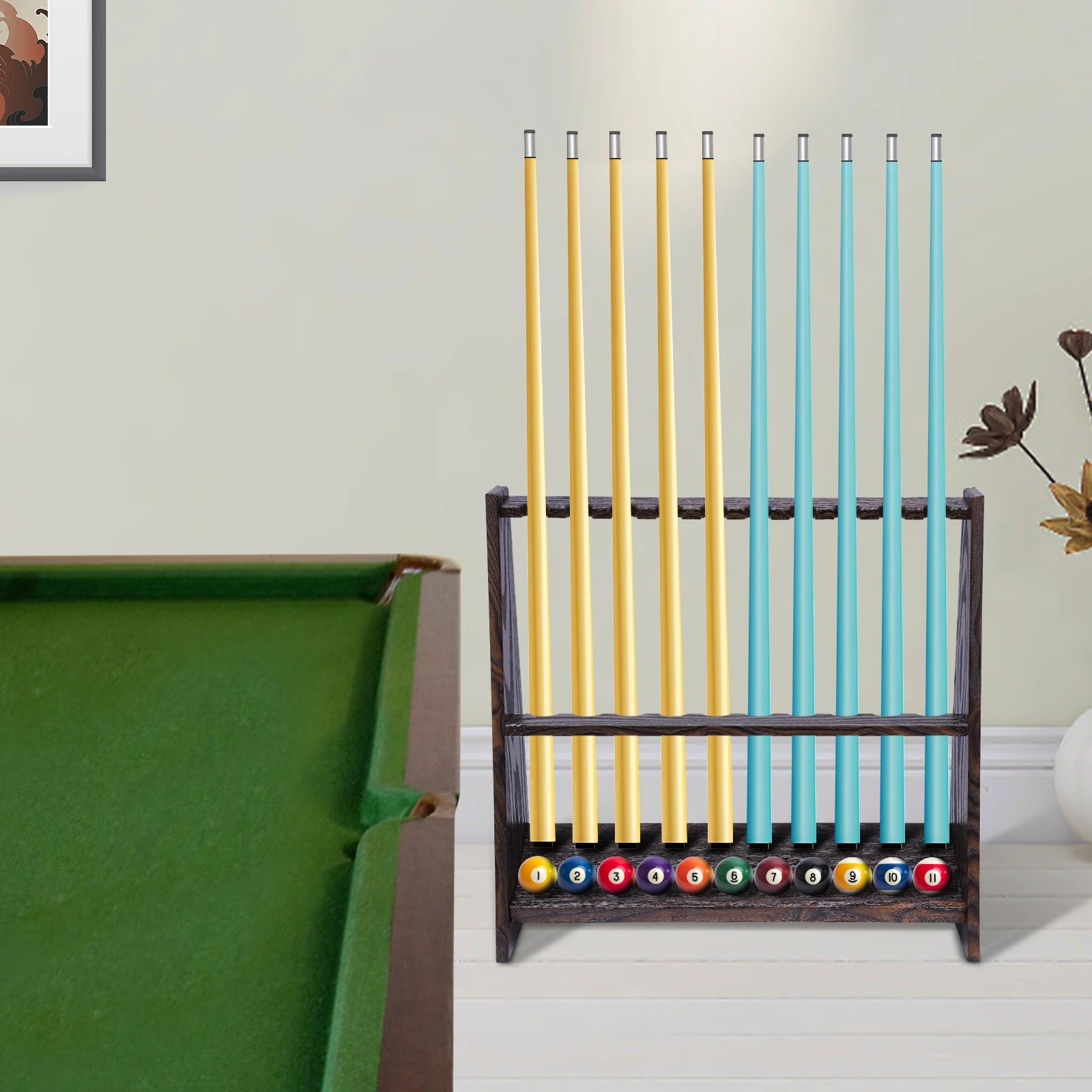 NEWEST 10-hole Billiard Cue Rack,Floor Mount Wooden Queue Holder for Billiard Room&Club,Billiard Table Accessories for Home/ Bar