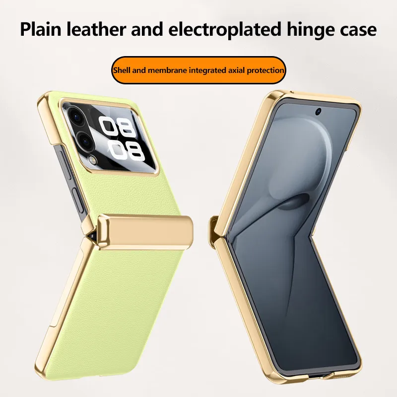 Plain Leather Plated Hinge Case For Huawei Nova Flip With Back Glass Film Protection Cover