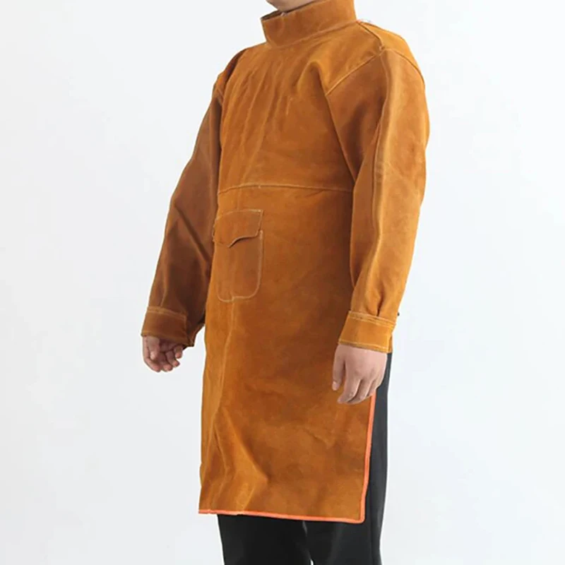 Cowhide Leather Welding Clothes, 105CM Long Heavy Duty Welding Apron Suit, Flame & Wear Resistant Coat with Sleeves for Men