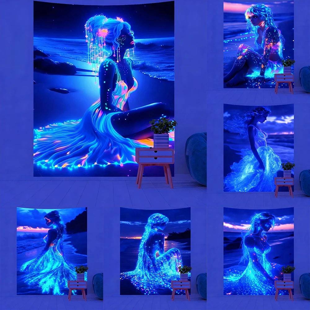 Glowing Woman Tapestry for Nighttime Ambiance UV reaction tapestry background decoration wall hanging bedroom party decoration