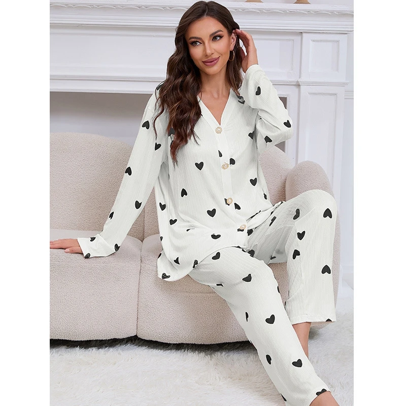 

Комплект из 2 предметов с длинными рукавами и принтом сердца, кардиган на пуговицах с v-образным вырезом и длинные брюки, удобная женская одежда для сна свободного покроя, пижамы