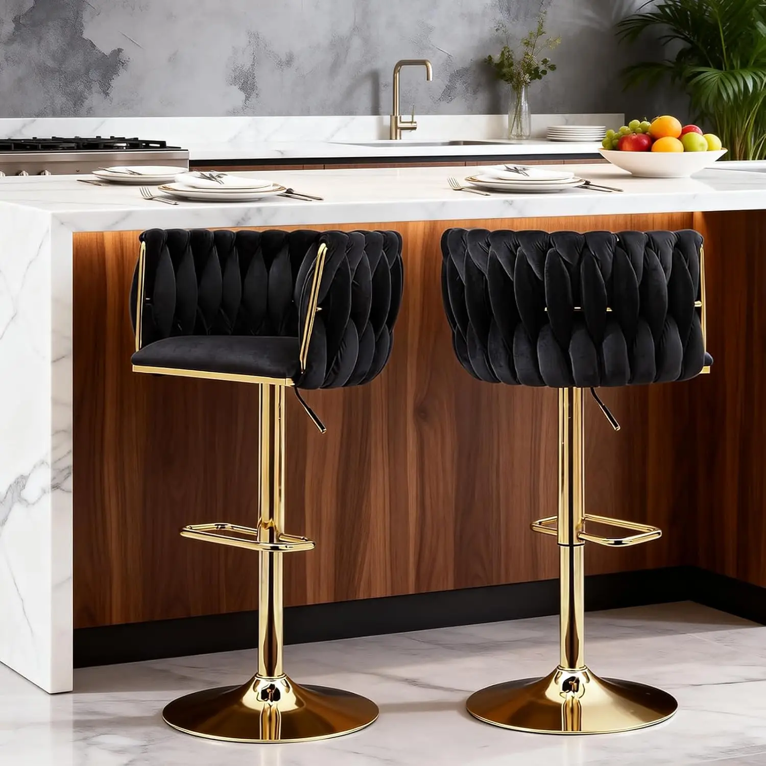 Black Velvet Bar Stools Set of 2 - Modern Adjustable Swivel Counter Height Chairs with Woven Back, Gold Metal Leg &, Customized