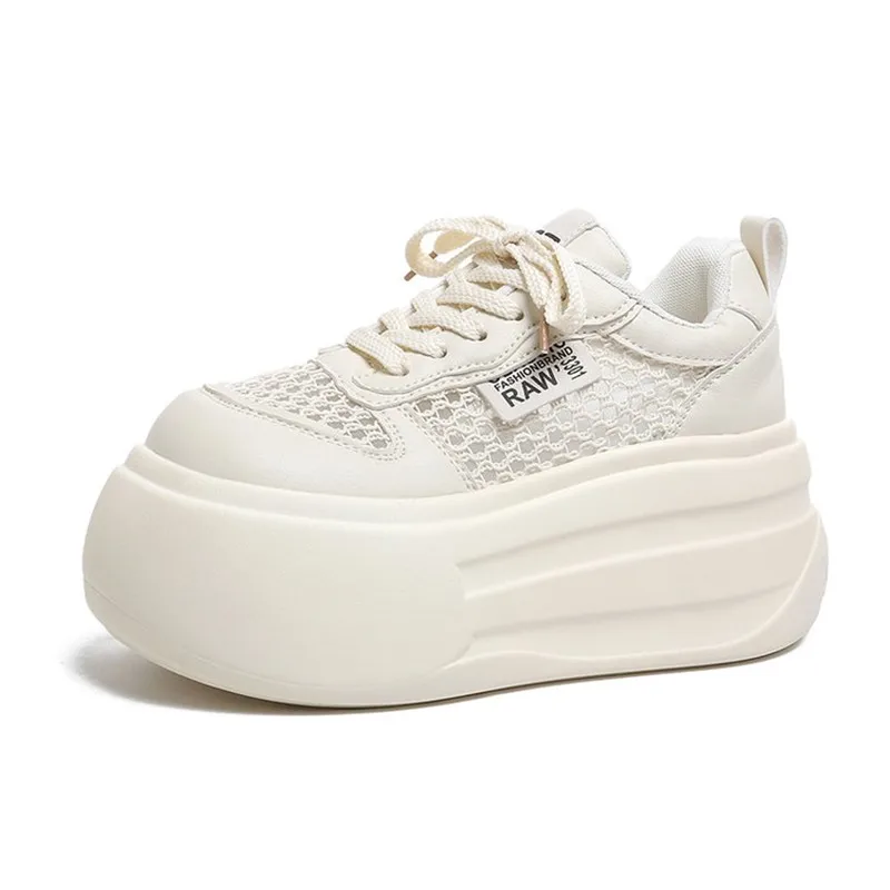 2026 New Autumn Women High Platform Mesh Leather Sneakers Tennis Hidden Heels Casual Sport Shoes Lace-up Chunky Dad Shoes Woman