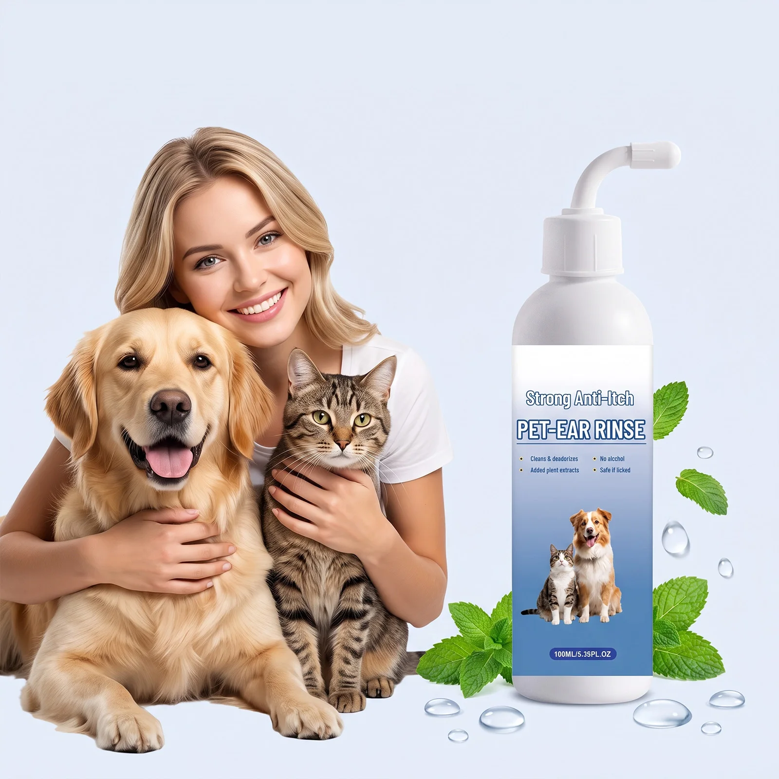 Pet Ear Cleaning Solution - Gentle Ear Canal Dirt Odor Removal Itch Relief Cleanser, Soothing Pet Ear Wash Drops for Dogs and Cats, Daily Ear Hygiene Care Helps Control Wax Build-Up and Irritation, Non-Irritating Safe Formula with Plant Extracts Dropper
