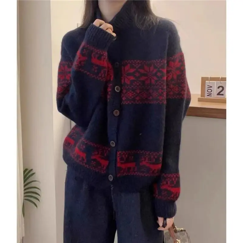 Indie Folk Vintage Knitting Cardigan Women Autumn Winter Mock Neck Loose Sweater Coat Fashion All-match Trend Knitwear Tops