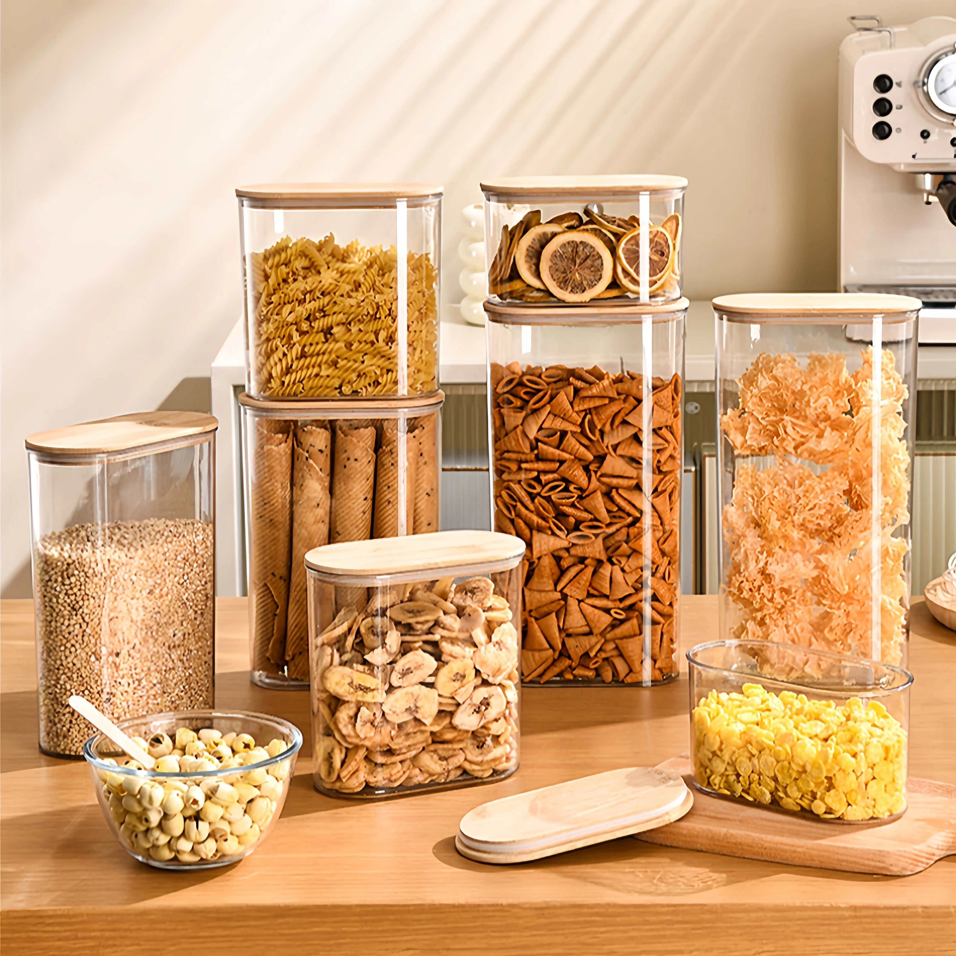 

Пластиковые герметичные контейнеры с деревянной крышкой для хранения на кухне: банки для круп, кофе, конфет