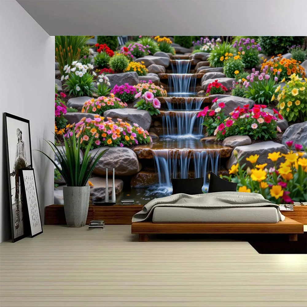 Lavender Garden Flower Stream Wall Tapestry for Living Room Tea Room Home Decoration Wall Mounted Background Cloth for Streaming