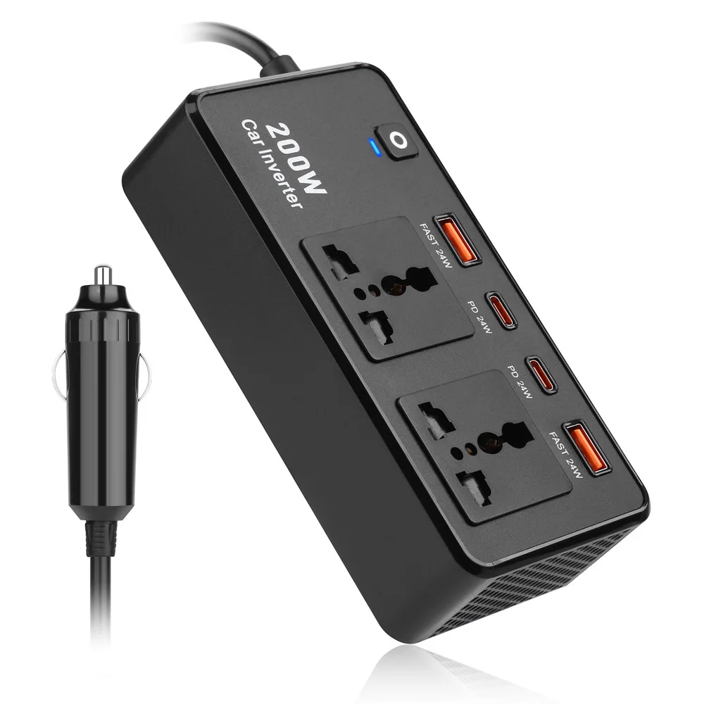 200W Car Power Inverter Socket DC 12V Cigarette Lighter To AC 220V General Automotive Adapter Booster w/ Double USB Type-C Port