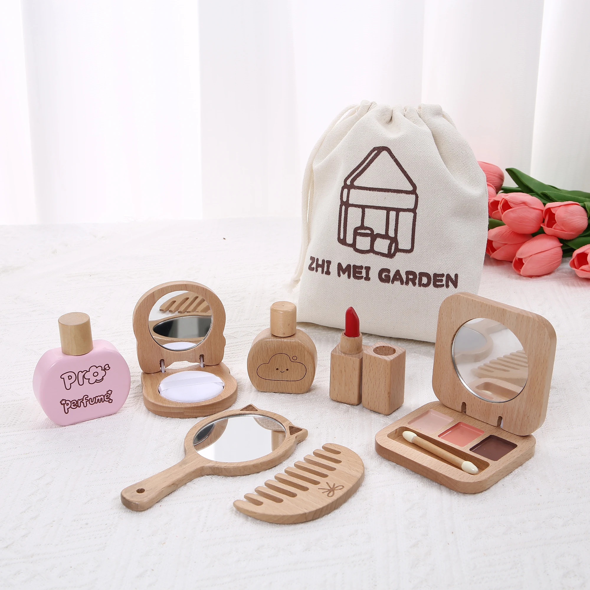 

Kids makeup bag, makeup toy, pretend play cosmetics, comb, mirror, wooden toy, birthday gift for girls