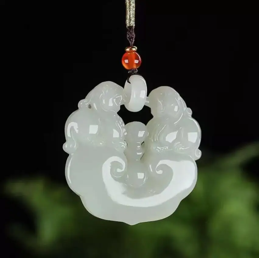 Nature Grade A Icy Light Green HeTian Jade jadeite Hand-Carved pendant Two PiXiu